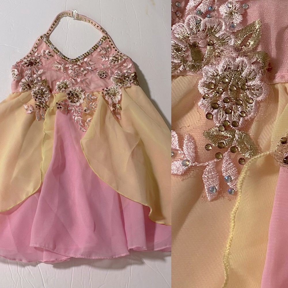 Glamour solo dance costume pastel pink yellow lyrical rhinestone dress small SC